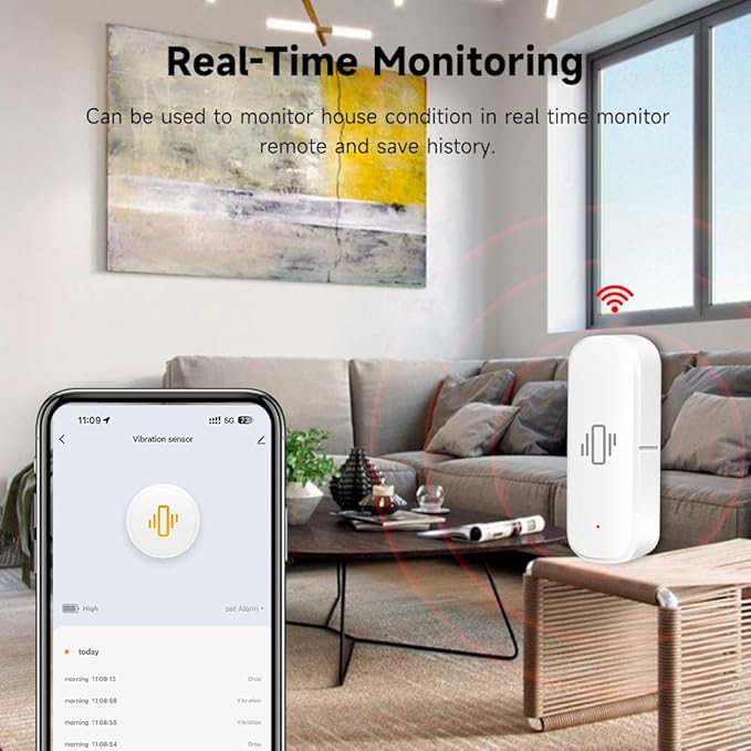2.4G WiFi Vibration Sensor Shock Alarm Detector SmartLife/Tuya Smart App Notification for Indoor Window Security Door Alarm
