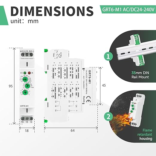 Multifunction Time Relay, Delay ON Off 10A GRT6 M1 AC DC 24-240V with 10 Relay Timer Control Delay Function Mode DIN Rail Electronic Relays of Wide Time Delay Range for 0.1 Seconds to 10 Days