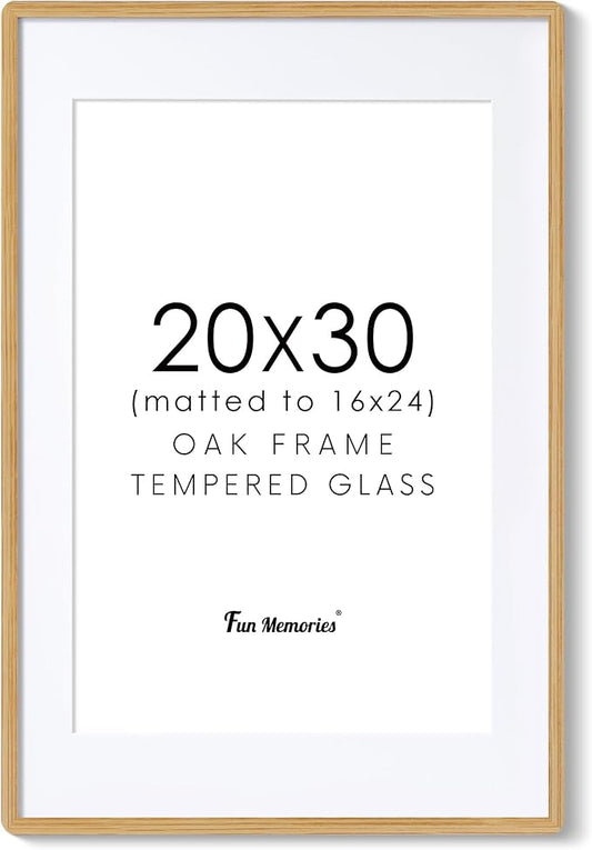20x30 Picture Frame, 20 x 30 Poster Frame - Solid Oak Wood, 20 by 30 Frame with Tempered Glass, 20"x30" Wood Frame with Mat for 16"x24", Minimalist 20x30 Frames for Wall, Natural Oak Color, 1 Pack