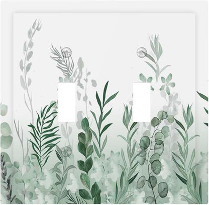 Watercolor Green Leaf Rustic Plant Eucalyptus Flowers Decorative Switch Plates 2 Gang Double Toggle Outlet Light Switch Cover Wall Plate Electrical Faceplate for Bed Room Living Room Decor