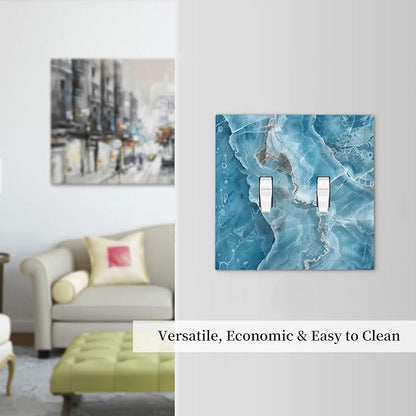 Decorative Light Switch Cover Plate Abstract Watercolor Blue Marble Texture 2 Gang Outlet Covers Double Toggle Wall Plates for Electrical Outlets Switch Plate Covers for Bathroom Decor
