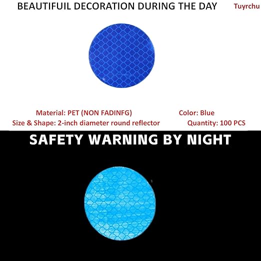 Non Fading Blue Reflective Stickers 2-inch Diameter Round Reflector, Outdoor Waterproof High Visibility Warning Adhesive Tape (100 Pcs)