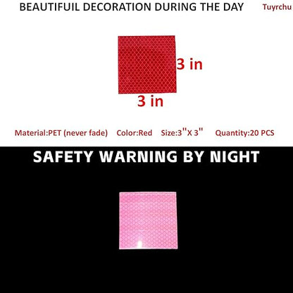 Non Fading Red Reflective Stickers 3 inch X 3 inch, Outdoor Waterproof High Visibility Warning Safety Adhesive Reflector Tape (20 Pcs)