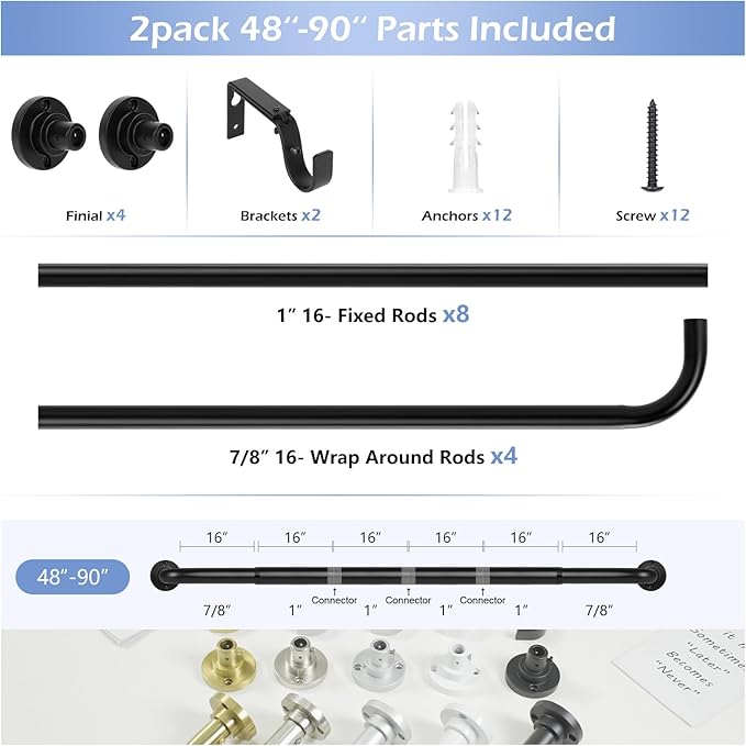 Black Wrap Around Curtain Rods 2Pack:Blackout Heavy duty Adjustable Window Curtain Rod for Bedroom,Industrial Darkening Curved French Metal Single Drapery Rods Easy Install,Matte Black 48-90"