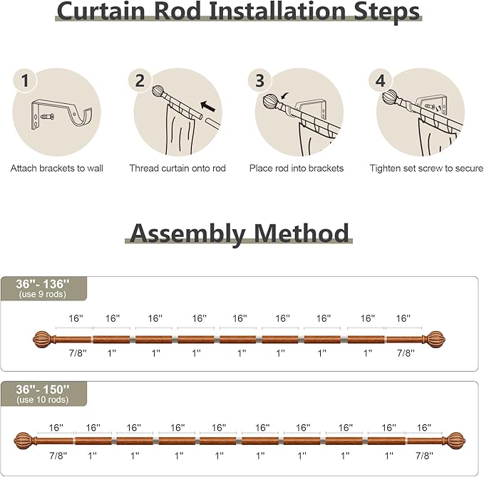 Reddish-Brown Wood Curtain Rods for Windows 72 to 144 Inch, 1'' Adjustable Heavy Duty Curtain Rod，Vintage Imitation Wood Decorative Drapery Rods with Pumpkin Finials for Bedroom Living Room