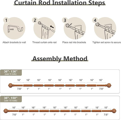 Reddish-Brown Wood Curtain Rods for Windows 72 to 144 Inch, 1'' Adjustable Heavy Duty Curtain Rod，Vintage Imitation Wood Decorative Drapery Rods with Pumpkin Finials for Bedroom Living Room
