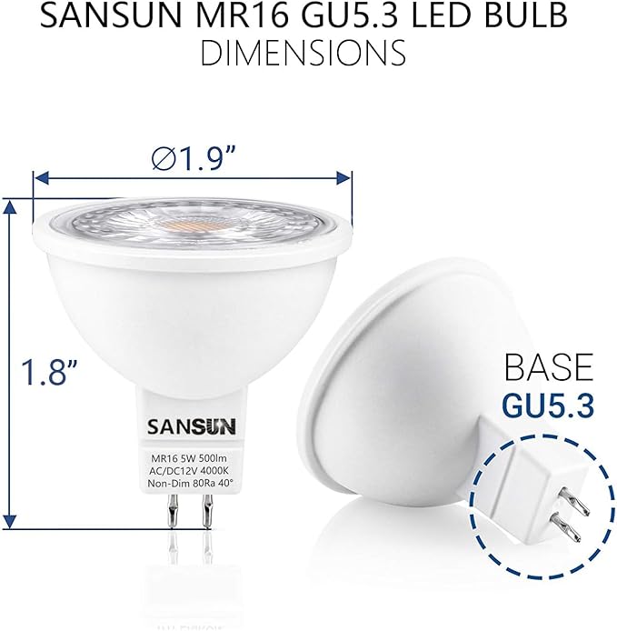 5W MR16 LED Landscape Light Bulbs, Low Voltage 12V 50W Halogen Replacement for Outdoor Landscape Spotlight and Track Light, GU5.3 Bi-Pin Base, Daylight White 4000K, Non-Dimmable, (Pack of 4)