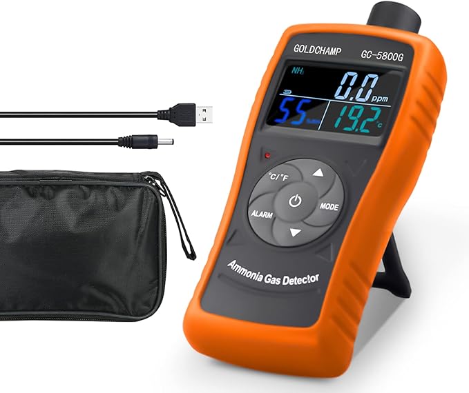 Ammonia Gas Detector 0~100ppm NH3 Monitor with 0.1ppm Resolution, Temperature(℉/℃), Humidity, LCD Display, Double Alarm, Tripod Hole for Farm, Poultry, Pig & Livestock