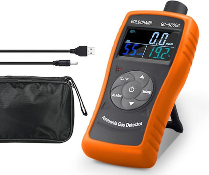Ammonia Gas Detector 0~100ppm NH3 Monitor with 0.1ppm Resolution, Temperature(℉/℃), Humidity, LCD Display, Double Alarm, Tripod Hole for Farm, Poultry, Pig & Livestock