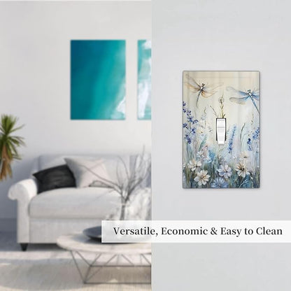Decorative Light Switch Cover Plate Watercolor Dragonfly Blue Wihte Flower 1 Gang Single Toggle Wall Plates for Electrical Outlets Outlet Covers Switch Plate Covers Faceplate for Home Decor
