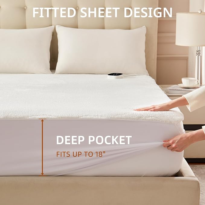 Bwarm Multizone Heated Mattress Pad Twin XL, Electric Mattress Pad Sherpa Fleece Bed Warmer with 9 Heat Settings, 1-12 Hours Auto Off Deep Pocket, Machine Washable, Wave White Twin XL 39" x 80"