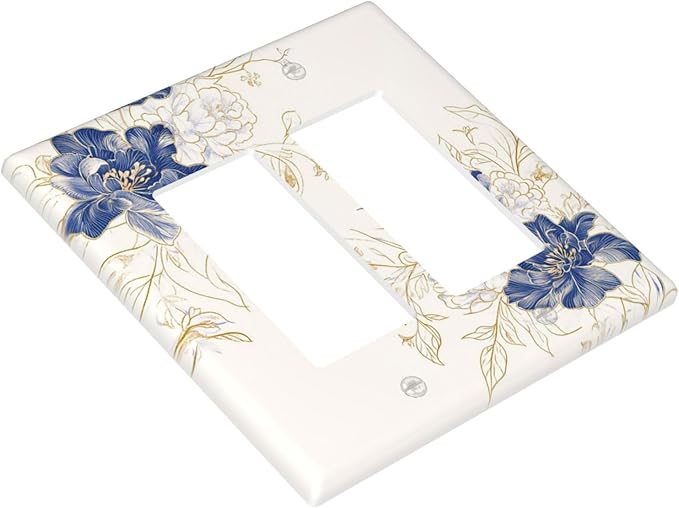 Decorative Outlet Covers Rustic Blue Flower Floral Gold Leaf 2 Gang Light Switch Cover Plate Double Rocker Wall Plates for Electrical Outlets Switch Plate Covers for Bedroom Home Decor