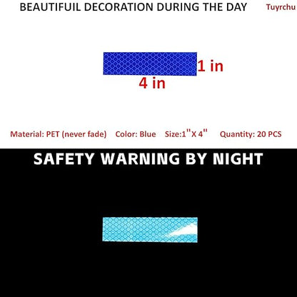 Non Fading Blue Reflective Stickers 1 inch X 4 inch, Outdoor Waterproof High Visibility Warning Safety Adhesive Reflector Tape (20 Pcs)