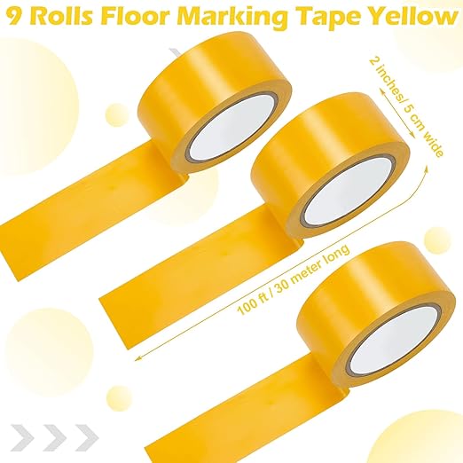 Outus Floor Marking Tapes 2" Width 100' Length Yellow Durable Non Abrasive Tough Floor Tape for Social Distancing, Gyms, Athletics, School, Restaurants, Equipment, Heavy Foot Traffic(9 Rolls)