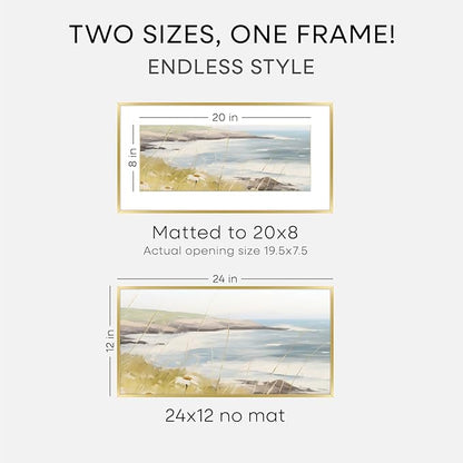 Homeforia 12x24 Picture Frame Gold, High End Metal 12x24 Poster Frames with Mat 8x20 inch Photo, 12 x 24 Gold Frames Matted to 8 by 20 Print, 24x12 Panoramic Frames, Tempered Glass, Wall Kit, Set of 1