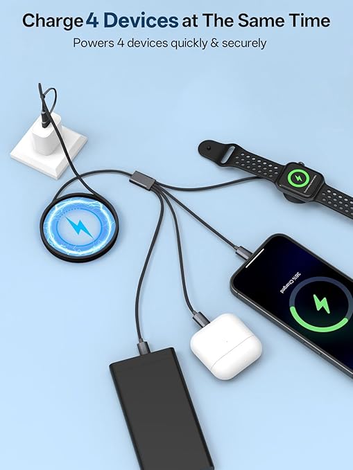 Travel Essentials, 4 in 2 Multi Charging Cable for Apple Watch Charger/iPhone Charger,USB C Cable Cord for iPhone 17-11/iWatch Ultra/10-2/Galaxy S25-S20, Android Phones, Kindle, MP3-Black,4FT