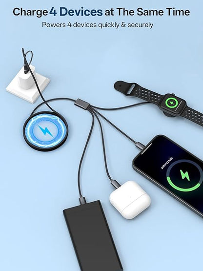 Travel Essentials, 4 in 2 Multi Charging Cable for Apple Watch Charger/iPhone Charger,USB C Cable Cord for iPhone 17-11/iWatch Ultra/10-2/Galaxy S25-S20, Android Phones, Kindle, MP3-Black,4FT