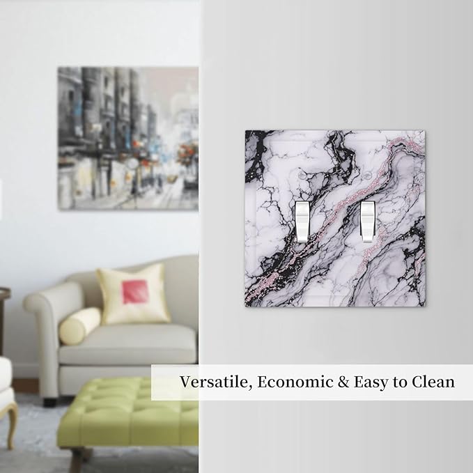 Decorative Switch Plates White Marble Pattern Black Lines Pink Lines 2 Gang Double Toggle Outlet Light Switch Cover Wall Plate Electrical Faceplate for living Room Office Decor