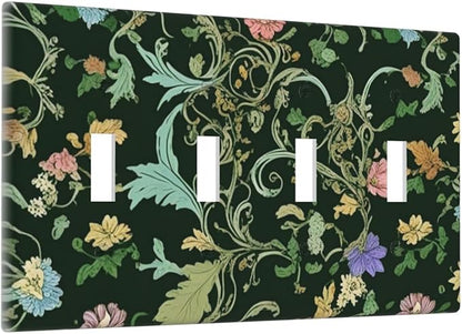 Decorative Light Switch Cover Plate Vintage Green Leaf Plant Rustic Pink Flower 4 Gang Wall Plate Oversized Quad Toggle Switch Cover Plate Jumbo Faceplate for Home Decor
