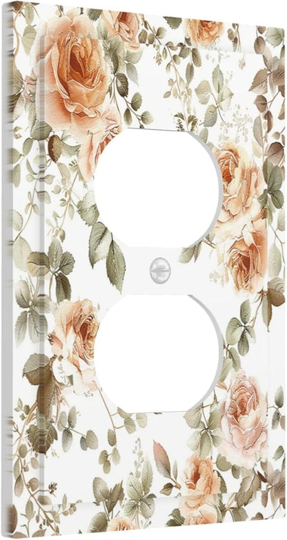 Outlet Covers Vintage Warm Color Orange Flowers And Leaves 1 Gang Duplex Wall Plate Decorative Switch Plates Electrical Receptacle Faceplate Light Switch Cover for Bedroom living Room