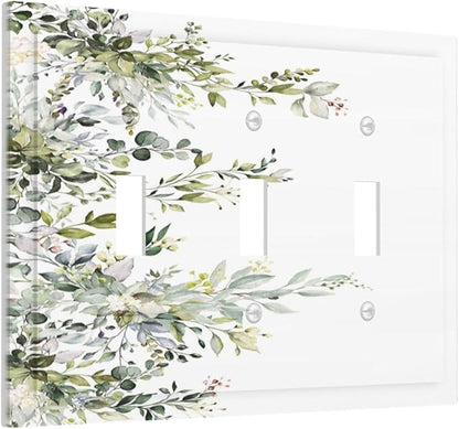 Decorative Light Switch Plate Covers Rustic Eucalyptus Leaves Green Leaf 3 Gang Light Switch Cover Triple Toggle Wall Plate Outlet Covers for Bedroom Home Decor