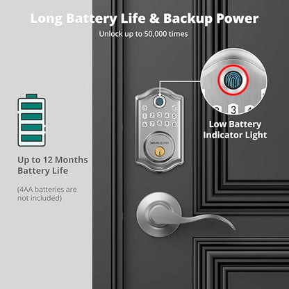 DS10 Keyless Entry Door Lock with 2 Lever Handle, Fingerprint, Keypad Code, 2 Keys, Smart Locks for Front Door, Bedroom, One-time Code, Auto-Lock, Easy Installation - Satin Nickel