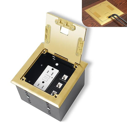 KYHSHJ Recessed Flat Hidden Socket Kit with 2 * 15 Amp Stainless Steel GFCI Tamper Receptacle Outlet+3-Port RJ45 Datacom Receptacle. Internal Height Adjustable，Corrosive Resistant Hardware，Brass