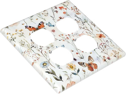 Outlet Covers Butterfly Floral Boho Multicolor Flower Leave 2 Gang Double Duplex Decorative Light Switch Covers Electrical Wallplates Socket Faceplate for Bed Room living Room Decor