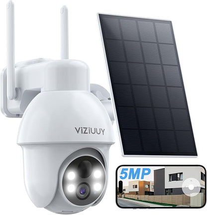 5MP Solar Security Camera Outdoor, Wireless Battery Powered Security Camera with 360°View, Pan and Tilt, Color Night Vision with Floodlight,PIR Human Detection,Compatible with Alexa
