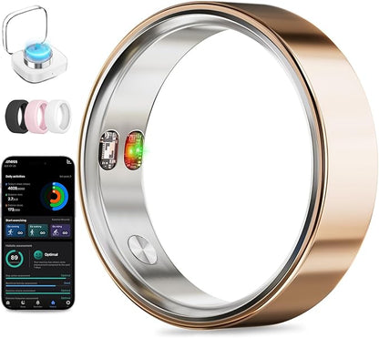 Smart Ring with Vibration Alerts, health tracker ring with Body Temperature Monitor, Heart Rate, Sleep & Fitness Tracking, Waterproof Activity Ring for Men & Women, No App Fees (Rose Gold, 11#)