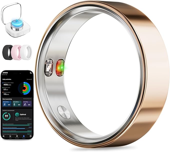 Smart Ring with Vibration Alerts, health tracker ring with Body Temperature Monitor, Heart Rate, Sleep & Fitness Tracking, Waterproof Activity Ring for Men & Women, No App Fees (Rose Gold, 8#)