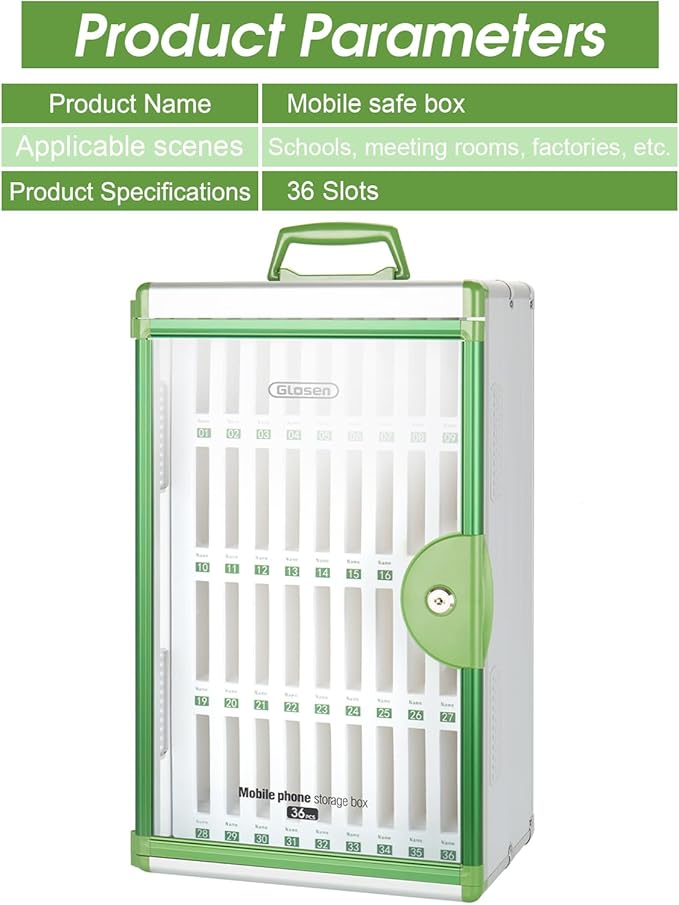 Glosen 36 Slots Cell Phone Locker, Portable Phone Storage Cabinet [Wall Mounted] [Aluminum Alloy] Cellphone Lock Box with Key & Handle for School Classroom Office Exam (Green)