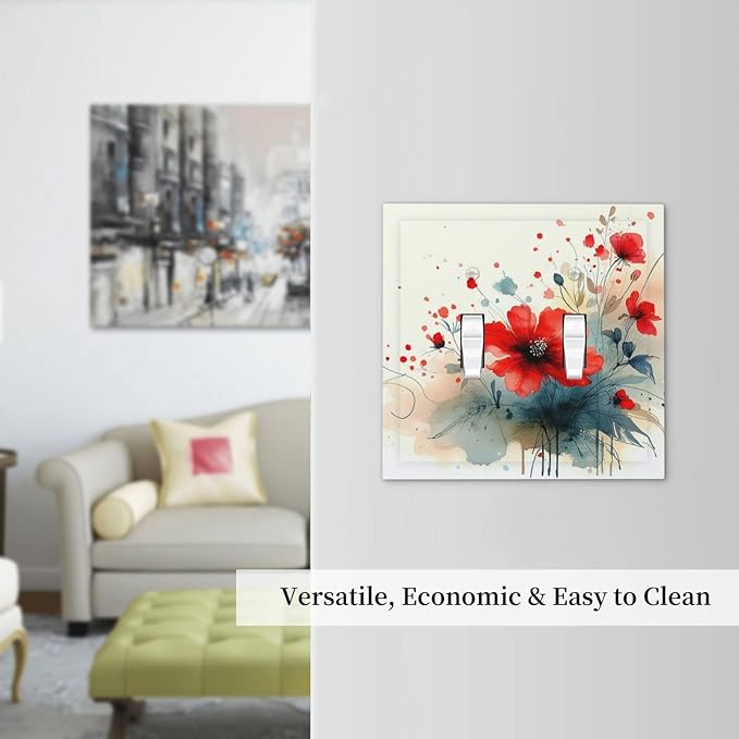 Vintage Floral Red Watercolor Modern Decorative Switch Plates 2 Gang Double Toggle Outlet Light Switch Cover Wall Plate Electrical Faceplate for Bedroom Bathroom Decor