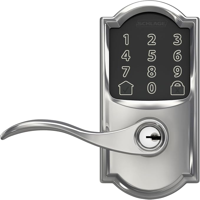 Schlage FE789WB CAM 625 Acc Encode WiFi Accent Lever Smart Lock, Keyless Entry Touchscreen Door Lock with Camelot Trim, Bright Chrome