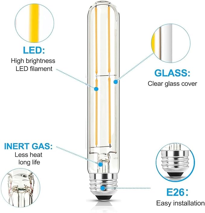 7.3 Inch E26 Led Bulb 6W Dimmable, 5000K Daylight Edison Bulbs 800LM, Equal 80 Watt Tubular T10 T9 Long Clear Glass Light Bulb for Pendant Pipe Wall Sconces Chandeliers - 2Pack