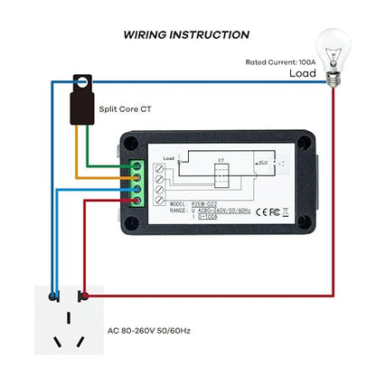 AC 80-260V 100A Multi-Function Power Monitor LCD Digital Display Voltage Current Frequency Power Factor Energy Meter Ammeter Voltmeter with Split Core Current Transformer