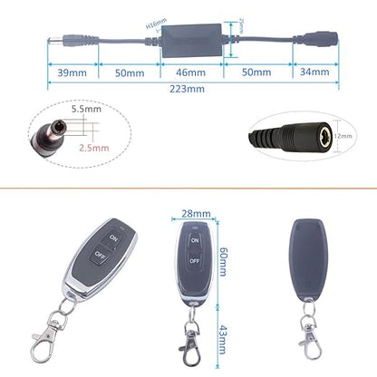 DC 3.6V-24V 5V Wireless Remote Control Switch 5.5mm x 2.5mm Plug Male Female 2 Transmitter 1 Receiver 12V Remote Switch for LED Light, Strip Fan Camera (DC 5.5*2.1mm 3.6V-24V/ 2* Controller)