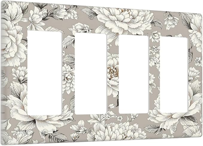 White Poppies Floral Modern Grey Peonies Flowers Wallplates 4 Gang Quad Rocker Decorative Light Switch Covers Electrical GFCI Faceplate Switch Plate for Bedroom Bathroom Decor