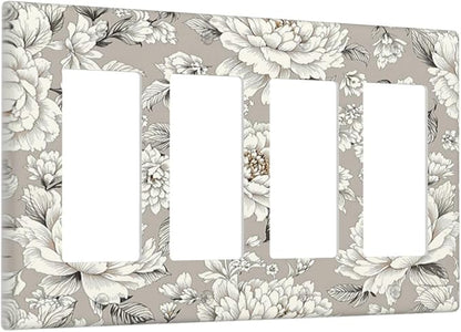 White Poppies Floral Modern Grey Peonies Flowers Wallplates 4 Gang Quad Rocker Decorative Light Switch Covers Electrical GFCI Faceplate Switch Plate for Bedroom Bathroom Decor