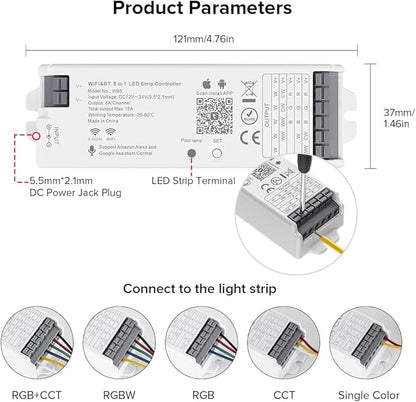 5in1 WB5 2.4GHz WiFi PWM LED Controller Compatible with Alexa Google Home Smart Life Tuya APP for Dimming CCT RGB RGBW RGBCCT LED Strip Light Controller Works with WR01RF WR02RF, DC12V-24V