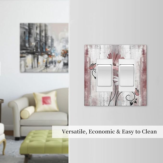 Decorative Outlet Covers Pink White Daisy Butterfly Wood Grain 2 Gang Double GFCI Rocker Electrical Wall Panels Light Switch Cover Plate for Farmhouse Bathroom Decor