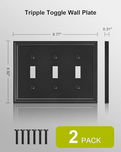 2-Pack Triple Toggle Light Switch Cover Plate, Black Decorative Switch Plate Covers, Natural Bamboo Fiber 3 Gang Wall Plate, Corrosion Resistant