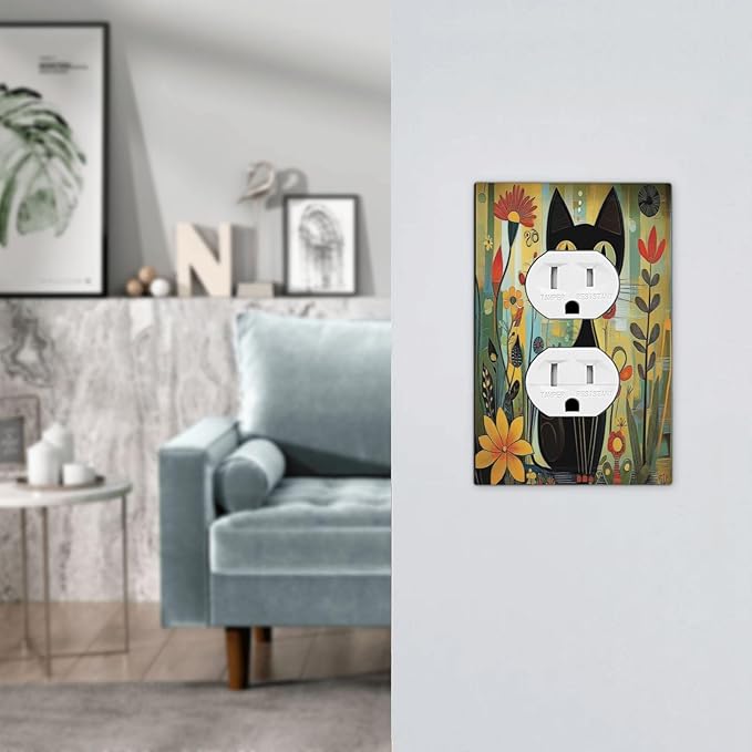 Funny Cat Retro Abstract Flowers Kitten Outlet Covers 1 Gang Duplex Light Switch Cover Decorative Switch Plates Electrical Receptacle Faceplate Wall Plate For Kids Room Bed Room Decor
