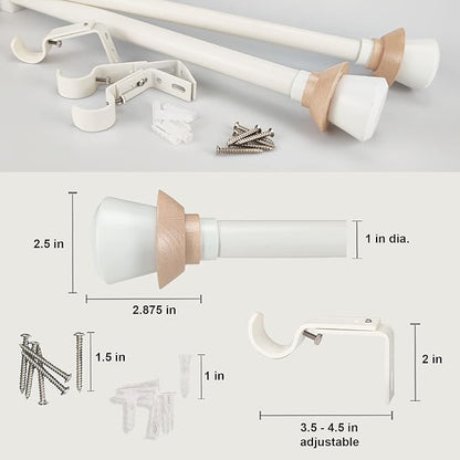 White Single Curtain Rod Set with Decorative Finials, 72-144 inch, Single Drapery Rod, 1 inch diameter, Adjustable Length,1 pack