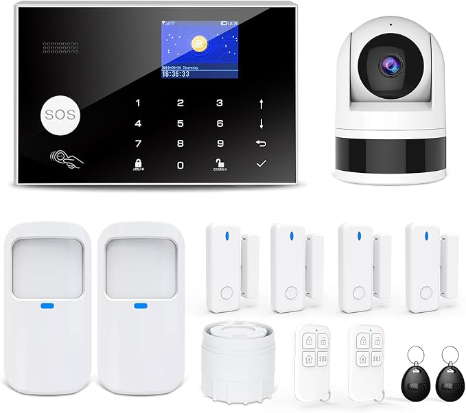 Home Security System with Camera, WiFi + GSM Home Alarm Kit with Phone App Alert, Door/Window Sensor, Remote Control for Apartments (13 Pieces)