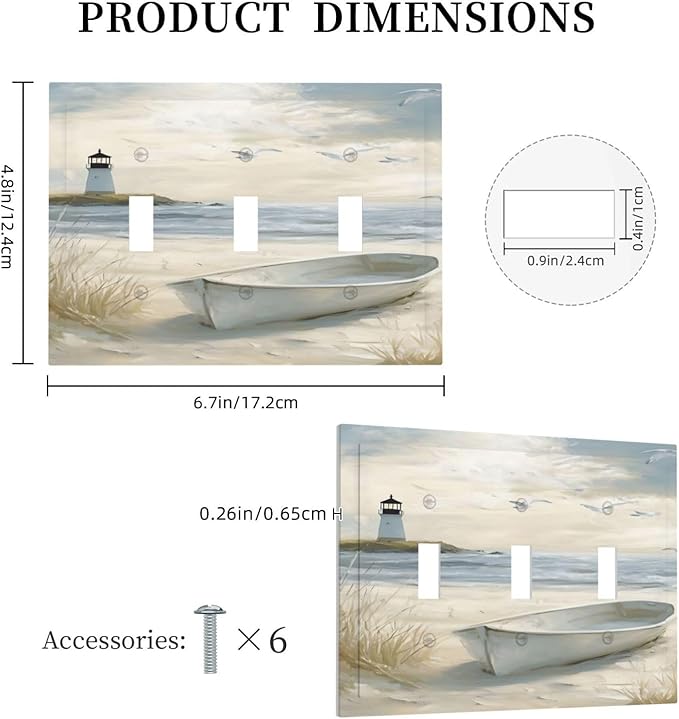 Decorative Light Switch Plate Covers Seascape Painting with Lighthouse Boats 3 Gang Artistic Wall Plate Unique Triple Toggle Light Switch Covers for Bedroom Home Decor