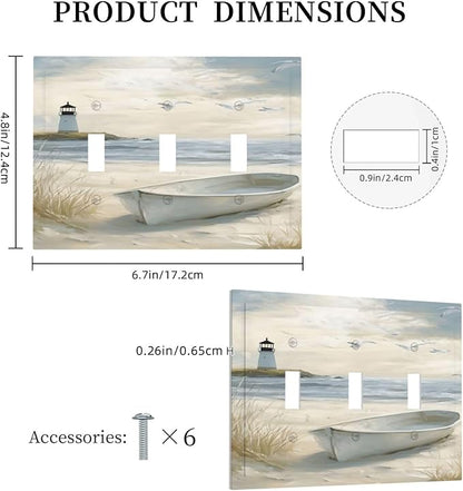 Decorative Light Switch Plate Covers Seascape Painting with Lighthouse Boats 3 Gang Artistic Wall Plate Unique Triple Toggle Light Switch Covers for Bedroom Home Decor