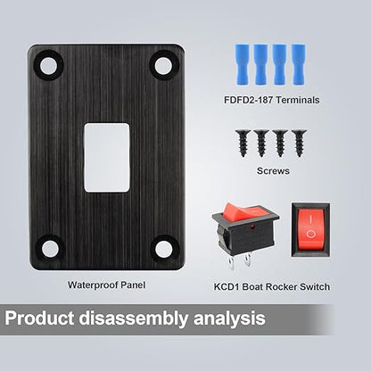 1Pcs Red KCD1 Boat Rocker Switch 2-Position 2-Pin SPST Panel Switch 6A 250VAC 10A 125VAC, with 4pcs FDFD2-187 Blue Terminals, CE