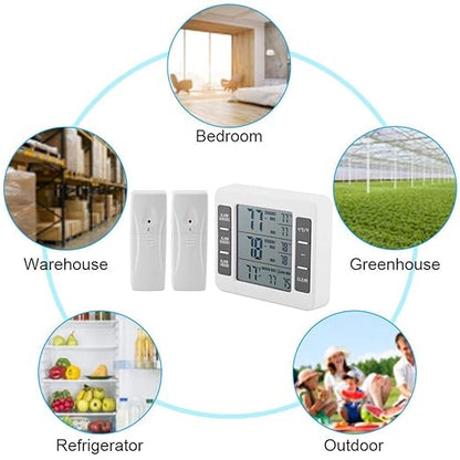Fridge Thermometer, Digital Refrigerator Freezer Thermometer Monitor with 2 Sensors with Audible Alarm, for Indoor and Outdoor Use, Easy to Read LCD Display