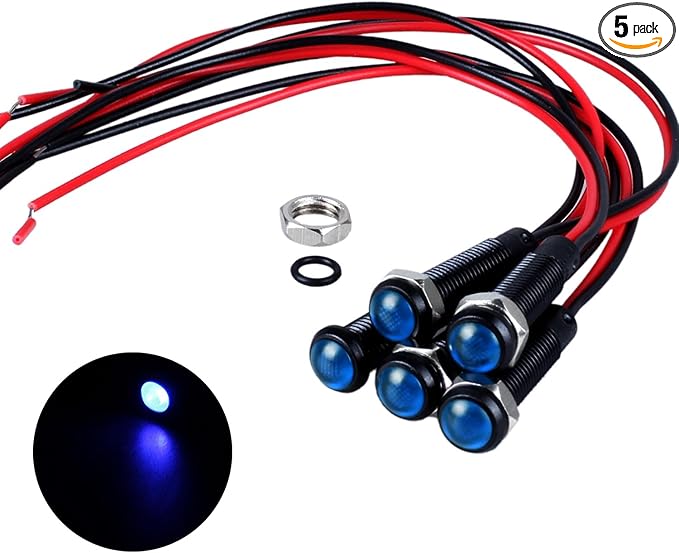 5pcs 6mm LED Indicator Light Plastic Black Signal Dot Lamp 12V-24V 1/4" Mounting Hole Size with 15cm/5.9in. Wire (Blue LED)